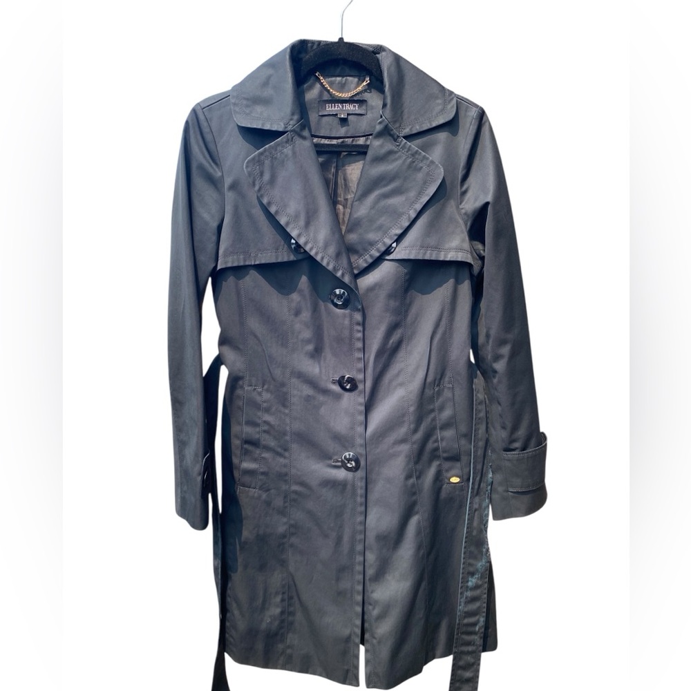 Ellen Tracey Black Trench Rain Coat Knee Length S